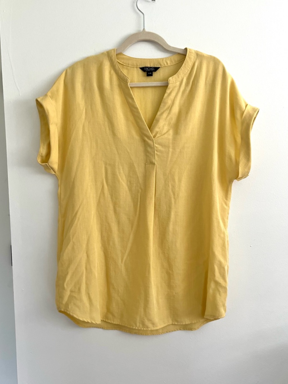 Rachel Roy Soft Butter Yellow Split V-Neck Cuffed Short Sleeve Tunic Top Large